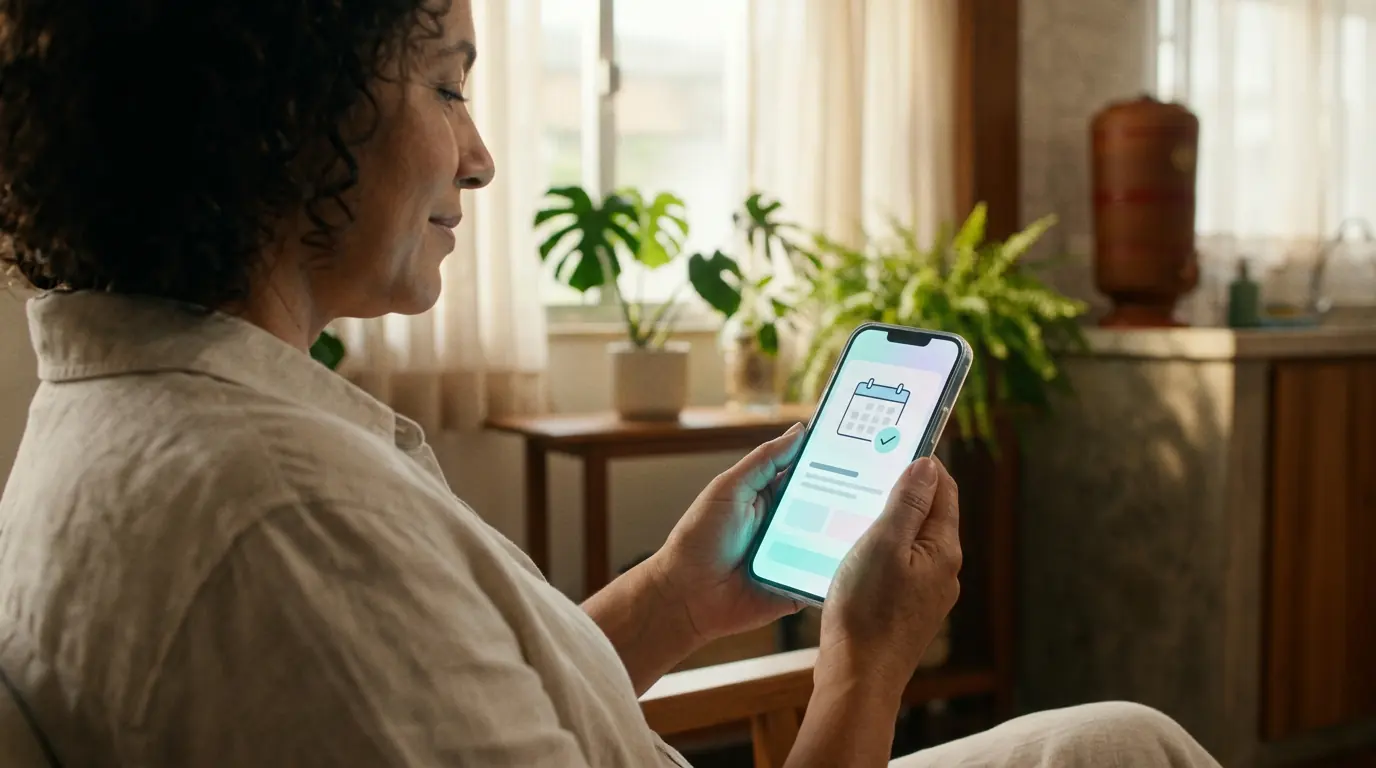Paciente em casa segurando um celular com uma confirmação de consulta