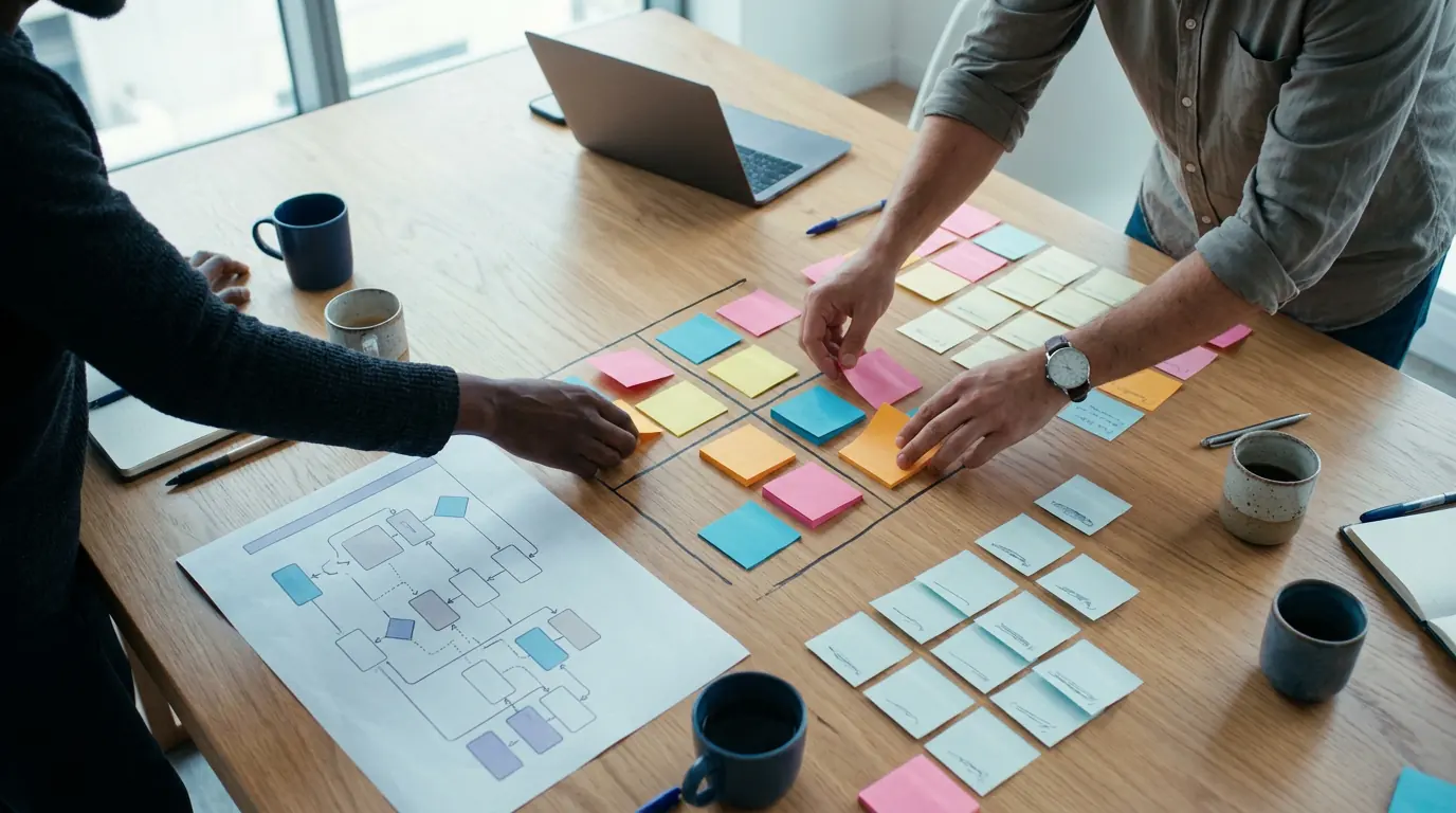 Mesa de reunião com fluxograma e post-its organizados em uma matriz de prioridades