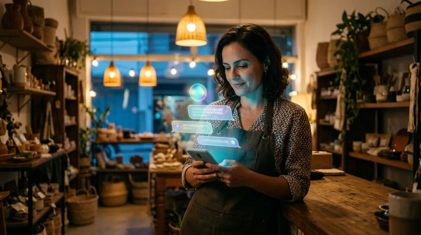 Dona de loja olhando o celular com uma conversa de atendimento automatizado