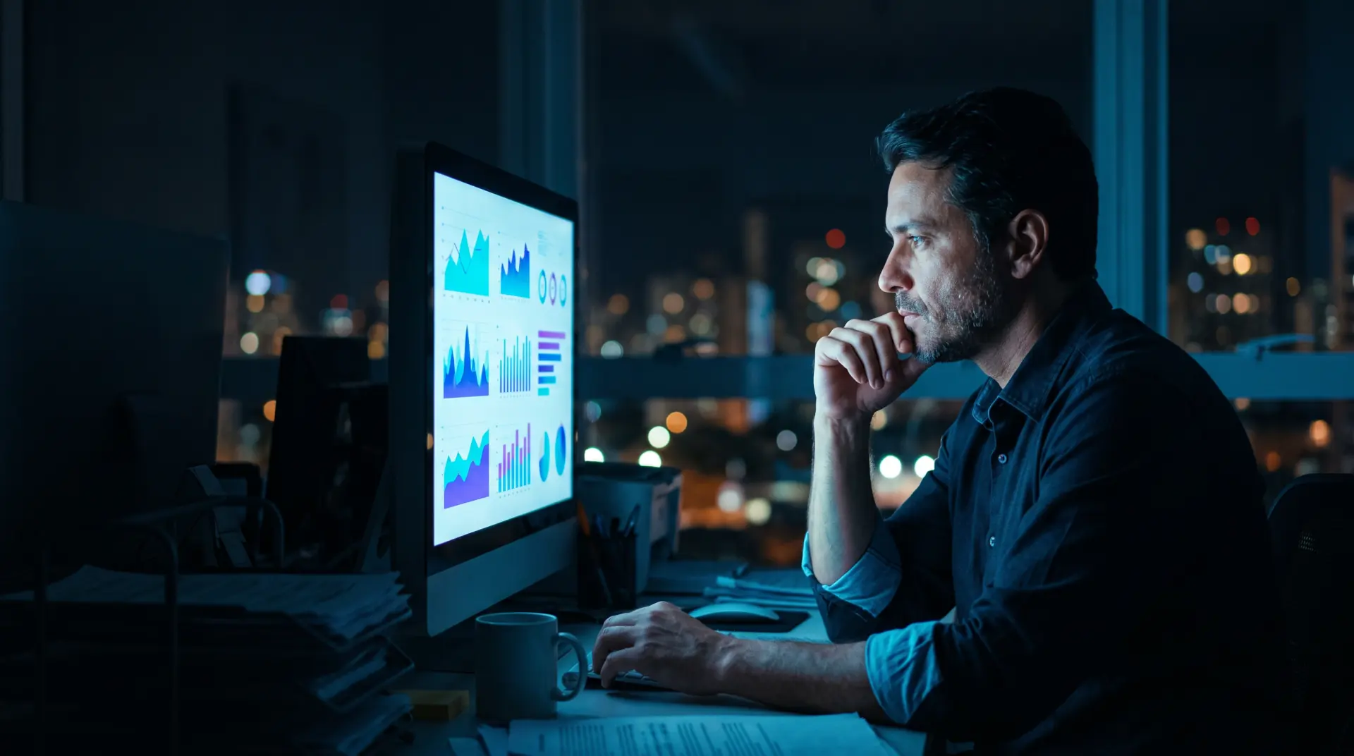 Dono de empresa analisando gráficos de custos no monitor em seu escritório à noite