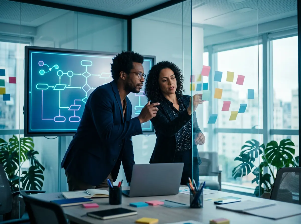 Consultores mapeando processos com post-its e um quadro digital